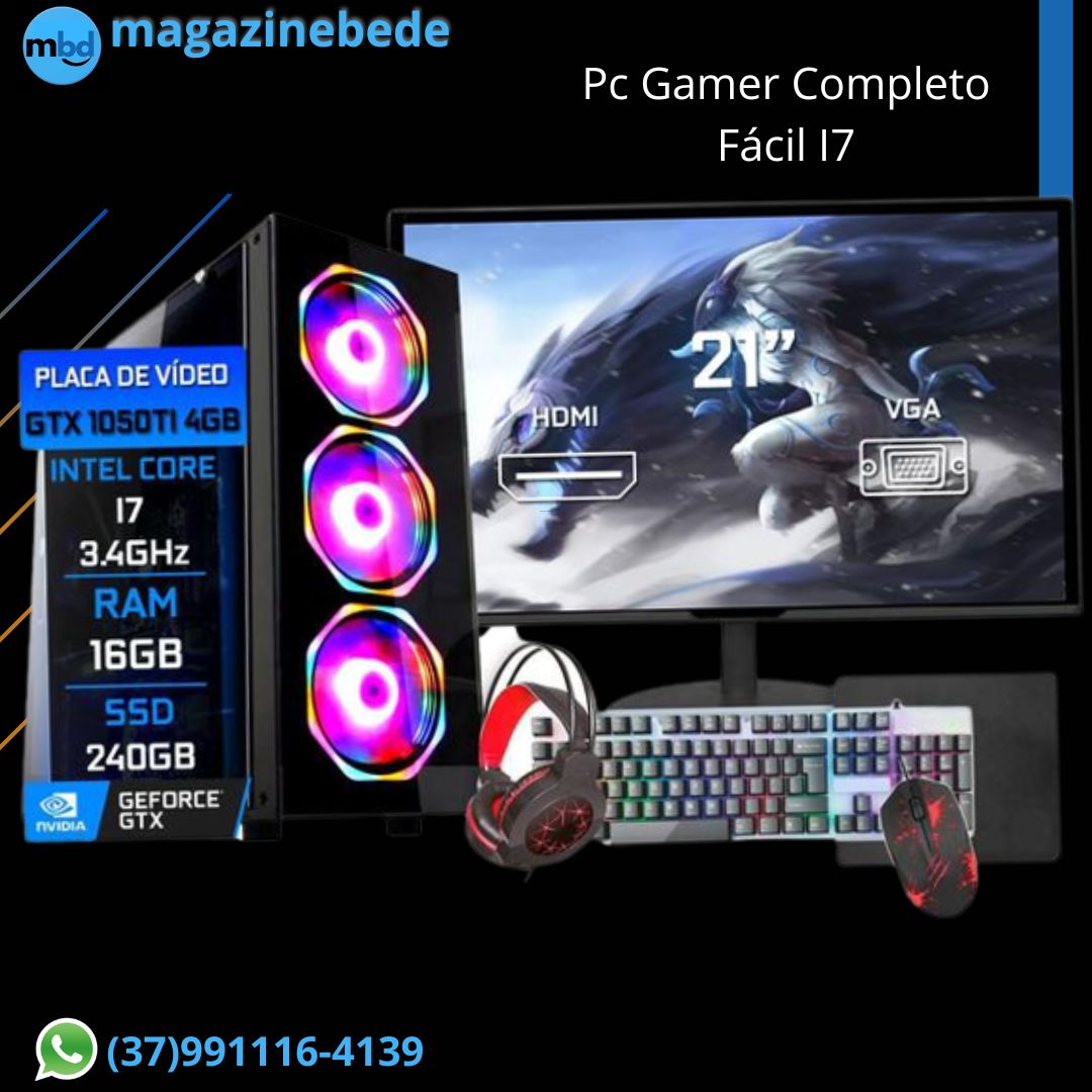 Pc Gamer Completo Fácil I7 16GB GTX 1050TI 4GB SSD 240GB Monitor